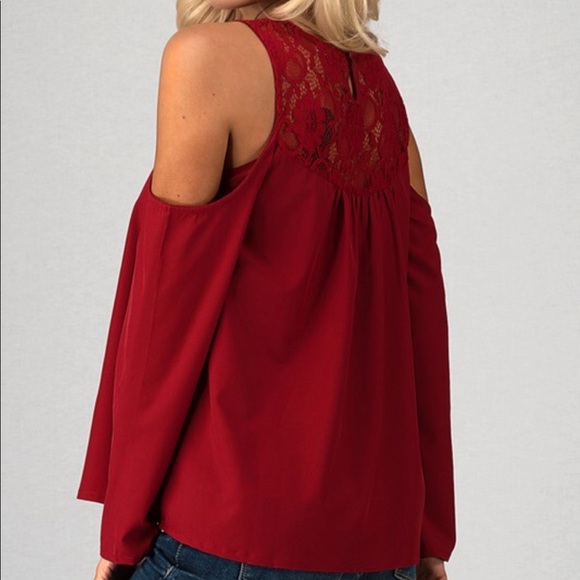 Dark Red Lace Cold Shoulder Top - Picture 3 of 4